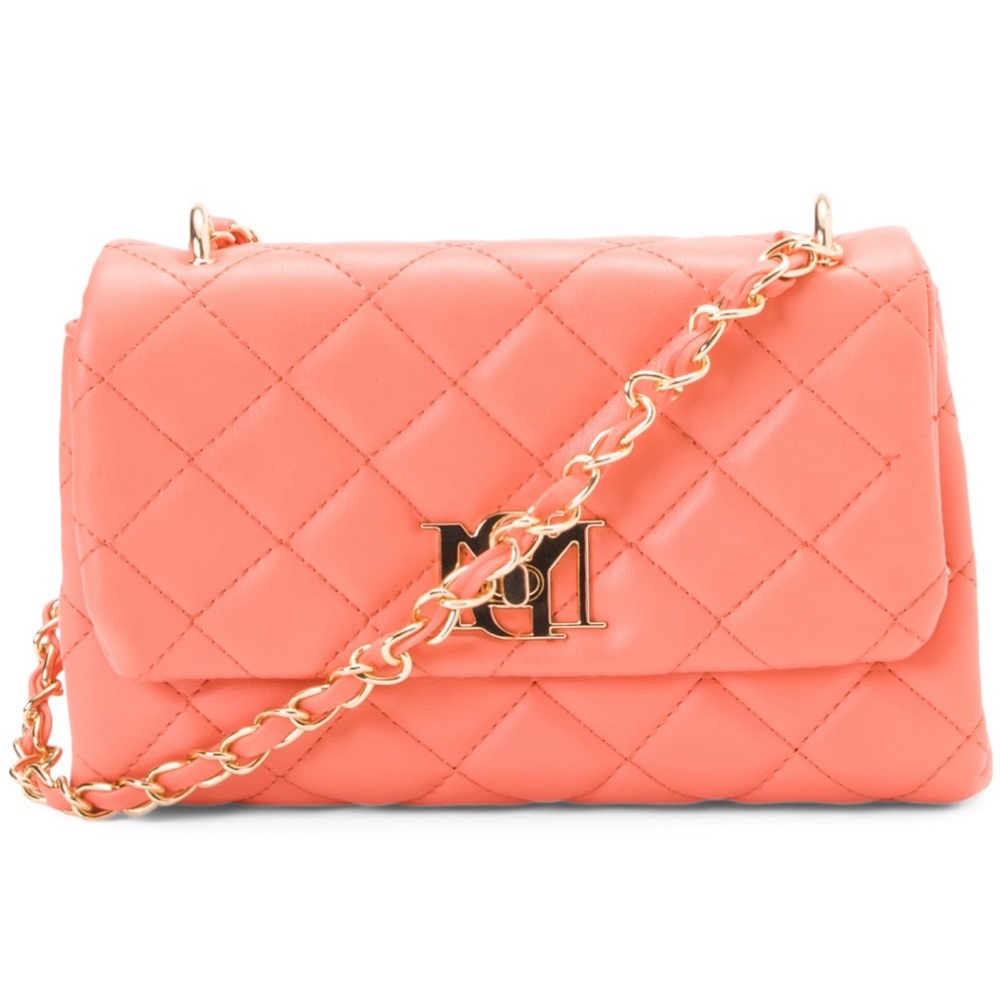BADGLEY MISCHKA Vegan Leather Quilted Messenger Pearl Bag, Crossbody Bag, Coral